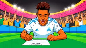 Assaut sur le mercato : l’OM repousse quatre offres agressives et finalise ce transfert inattendu pour 25 millions d’euros, un coup de maître signé Longoria Illustration de Tadjidine Mmadi, jeune talent de l'OM, célébrant sa signature jusqu'en 2028. Image réalisée par IA.
