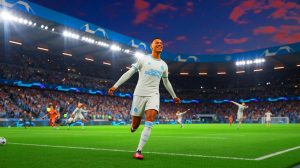 Illustration de Mason Greenwood célébrant un but sous le maillot de l'Olympique de Marseille. Image réalisée par IA.