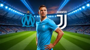 Illustration de Dušan Vlahović en tenue de l'OM, symbolisant un transfert potentiel. Image réalisée par IA.