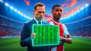 Illustration de Roberto De Zerbi ciblant le talentueux milieu offensif Junior Traoré pour l'Olympique de Marseille. Image réalisée par IA.