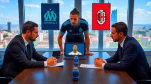 Illustration de l'avenir incertain d'Ismaël Bennacer entre l'OM et l'AC Milan. Image réalisée par IA.
