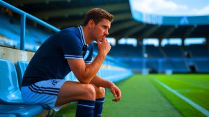 Illustration de Neal Maupay en réflexion sur son avenir à l'Olympique de Marseille. Image réalisée par IA.