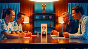 Illustration de la discussion de transfert entre l'Olympique de Marseille et le Bayern Munich. Image réalisée par IA.