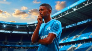 Illustration de Valentin Rongier en pleine réflexion sur son avenir à l'OM. Image réalisée par IA.