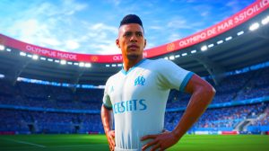 Illustration de Nayef Aguerd en maillot de l'Olympique de Marseille. Image réalisée par IA.