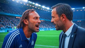 Illustration de Christophe Dugarry critiquant l'entraîneur De Zerbi et son approche à l'Olympique de Marseille. Image réalisée par IA.