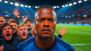 Illustration de l'altercation entre Patrice Evra et un supporter de l'OM avant un match de Ligue Europa. Image réalisée par IA.