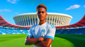 Illustration de Valentin Carboni en maillot de l'Olympique de Marseille pour un éventuel retour au club. Image réalisée par IA.