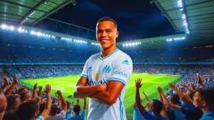 Illustration de Mason Greenwood portant le maillot de l'Olympique de Marseille. Image réalisée par IA.
