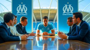 Illustration de Valentin Rongier au cœur des négociations de contrat avec l'OM. Image réalisée par IA.