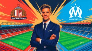 Illustration de Kyril Louis-Dreyfus jonglant entre l'Olympique de Marseille et Sunderland. Image réalisée par IA.