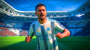 Illustration de Leonardo Balerdi, joueur de l'Olympique de Marseille, convoité par la Juventus. Image réalisée par IA.