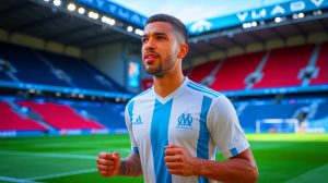 Illustration de Jordan Henderson, ancien capitaine de Liverpool, potentiellement transféré à l'Olympique de Marseille. Image réalisée par IA.