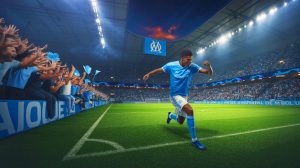 Illustration de Neal Maupay en action sur le terrain avec le maillot de l'OM. Image réalisée par IA.