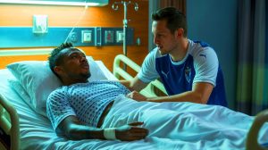 Illustration de Steve Mandanda et Florian Thauvin lors de l'incident de la blessure en 2014. Image réalisée par IA.
