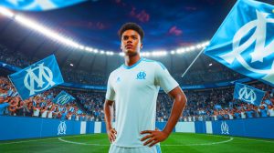 Illustration de l'arrivée de CJ Egan-Riley à l'Olympique de Marseille, générée par intelligence artificielle.