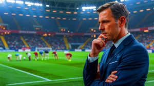 Illustration de Roberto De Zerbi partageant ses ambitions pour le mercato de l'OM, générée par intelligence artificielle.