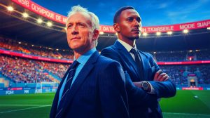 Illustration de Frank McCourt et Rodolphe Saadé en tant que figures potentiellement influentes pour l'avenir de l'Olympique de Marseille, générée par intelligence artificielle.