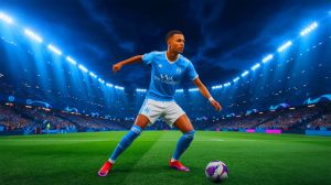 Illustration de Mason Greenwood évoluant sur le terrain avec le maillot de l'OM, générée par intelligence artificielle.