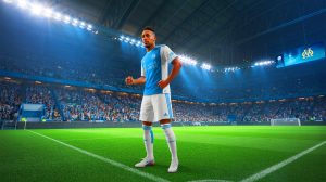 Illustration de Pierre-Emerick Aubameyang dans le maillot de l'OM, générée par intelligence artificielle.