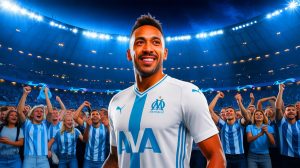 Illustration de l'arrivée de Pierre-Emerick Aubameyang à l'Olympique de Marseille, créée par intelligence artificielle.
