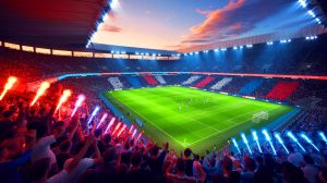 Illustration de l'affrontement entre l'Olympique Lyonnais et l'Olympique de Marseille en Ligue 1, générée par intelligence artificielle.