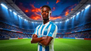Illustration de Timothy Weah portant le maillot de l'Olympique de Marseille, créée par intelligence artificielle.