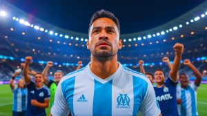 Illustration de l'éventuel transfert record d'Igor Paixão à l'OM, générée par intelligence artificielle.