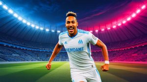 Illustration de Pierre-Emerick Aubameyang retournant à l'Olympique de Marseille, générée par intelligence artificielle.