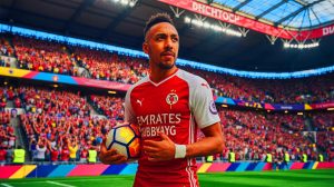 Illustration de Pierre-Emerick Aubameyang s'apprêtant à signer son retour à l'OM, générée par intelligence artificielle.