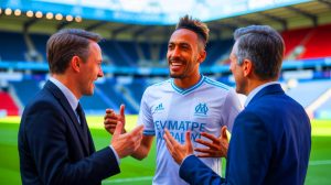 Illustration de Pierre-Emerick Aubameyang en négociation avec l'Olympique de Marseille, générée par intelligence artificielle.