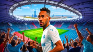 Illustration de Pierre-Emerick Aubameyang envisagé pour un retour à l'OM, générée par intelligence artificielle.