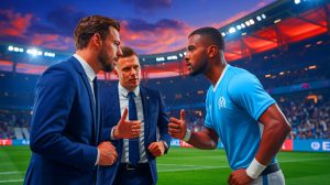 Illustration de l'Olympique de Marseille face aux défis du recrutement de Nayef Aguerd, créée par intelligence artificielle.