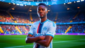 Illustration de Timothy Weah lors de son transfert potentiel à l'Olympique de Marseille, générée par intelligence artificielle.