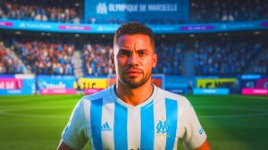 Illustration de Facundo Medina en tenue de l'Olympique de Marseille. Image réalisée par IA.