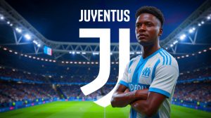 Illustration de Timothy Weah portant le maillot de l'Olympique de Marseille suite à un transfert hypothétique. Image réalisée par IA.