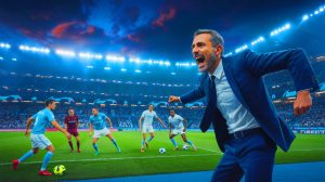 Illustration de Roberto De Zerbi exprimant sa satisfaction après la victoire de l'OM contre Gérone, générée par intelligence artificielle.