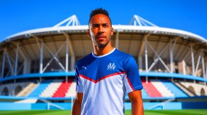Illustration de Pierre-Emerick Aubameyang potentiellement de retour à l'Olympique de Marseille, générée par intelligence artificielle.