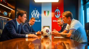 Illustration de l'affrontement entre l'Olympique de Marseille et l'AC Milan pour le transfert d'Ismaël Bennacer, créée par intelligence artificielle.