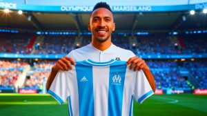 Illustration de Pierre-Emerick Aubameyang prêt à signer à l'OM, générée par intelligence artificielle.