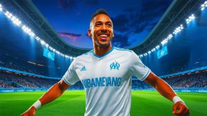 Illustration de Pierre-Emerick Aubameyang de retour à l'Olympique de Marseille, générée par intelligence artificielle.