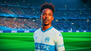 Illustration de l'arrivée d'Angel Gomes à l'Olympique de Marseille, générée par intelligence artificielle.