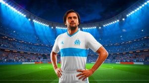 Illustration de Giacomo Raspadori en maillot de l'OM, potentiel futur renfort pour la Ligue des champions. Image réalisée par IA.