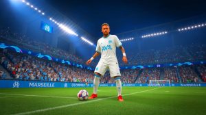 Illustration de Neymar en tenue de l'Olympique de Marseille, générée par intelligence artificielle.