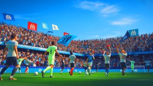 Illustration de l'Olympique de Marseille se préparant pour un mois d'août intense, générée par intelligence artificielle.