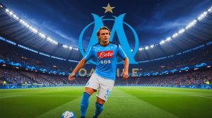 Illustration de Giacomo Raspadori et le stade de Naples, générée par intelligence artificielle.