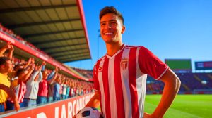 Illustration de Lucas Perrin s'engageant avec le Real Sporting de Gijon, générée par intelligence artificielle.