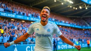 Illustration de Pierre-Emerick Aubameyang célébrant son retour à l'Olympique de Marseille, générée par intelligence artificielle.