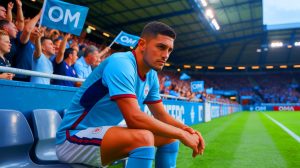 Illustration de Neal Maupay en difficulté à l'OM, créée par intelligence artificielle.