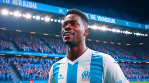 Illustration de Timothy Weah en maillot de l'Olympique de Marseille, générée par intelligence artificielle.